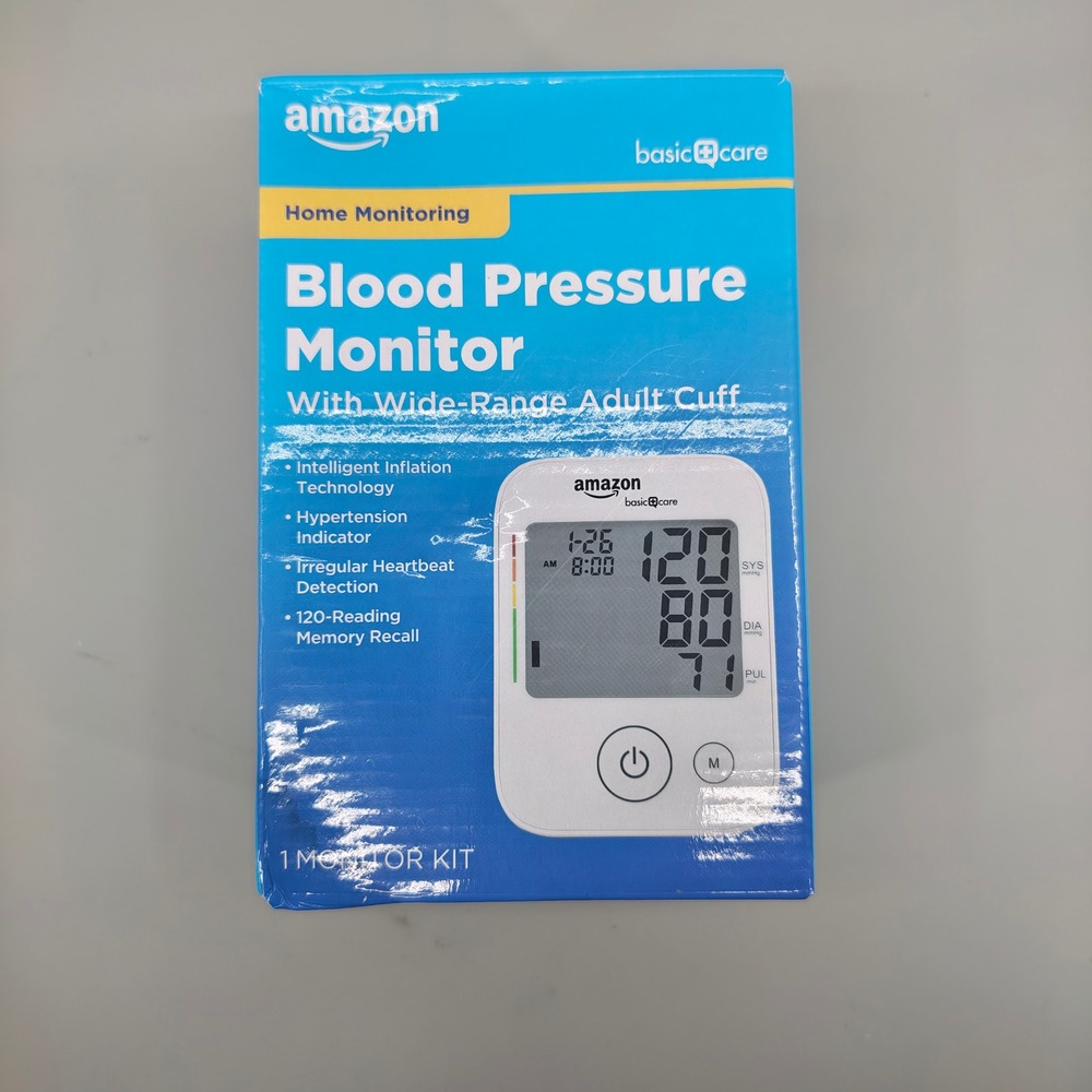 Amazon Basic Care Blood Pressure Monitor Wide-Range Adult Cuff 120-Reading Kit